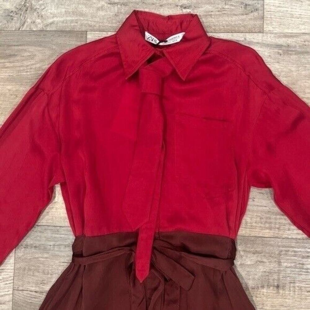 Zara NWT Burgundy Tie Neck Belted Midi Shirt Dress S M - Picture 14 of 16